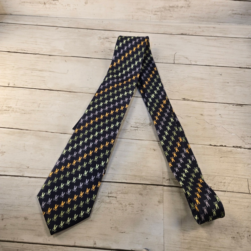 NWT Psycho Bunny Mens Silk Necktie Navy Green Multi Logo Pattern MO1700036